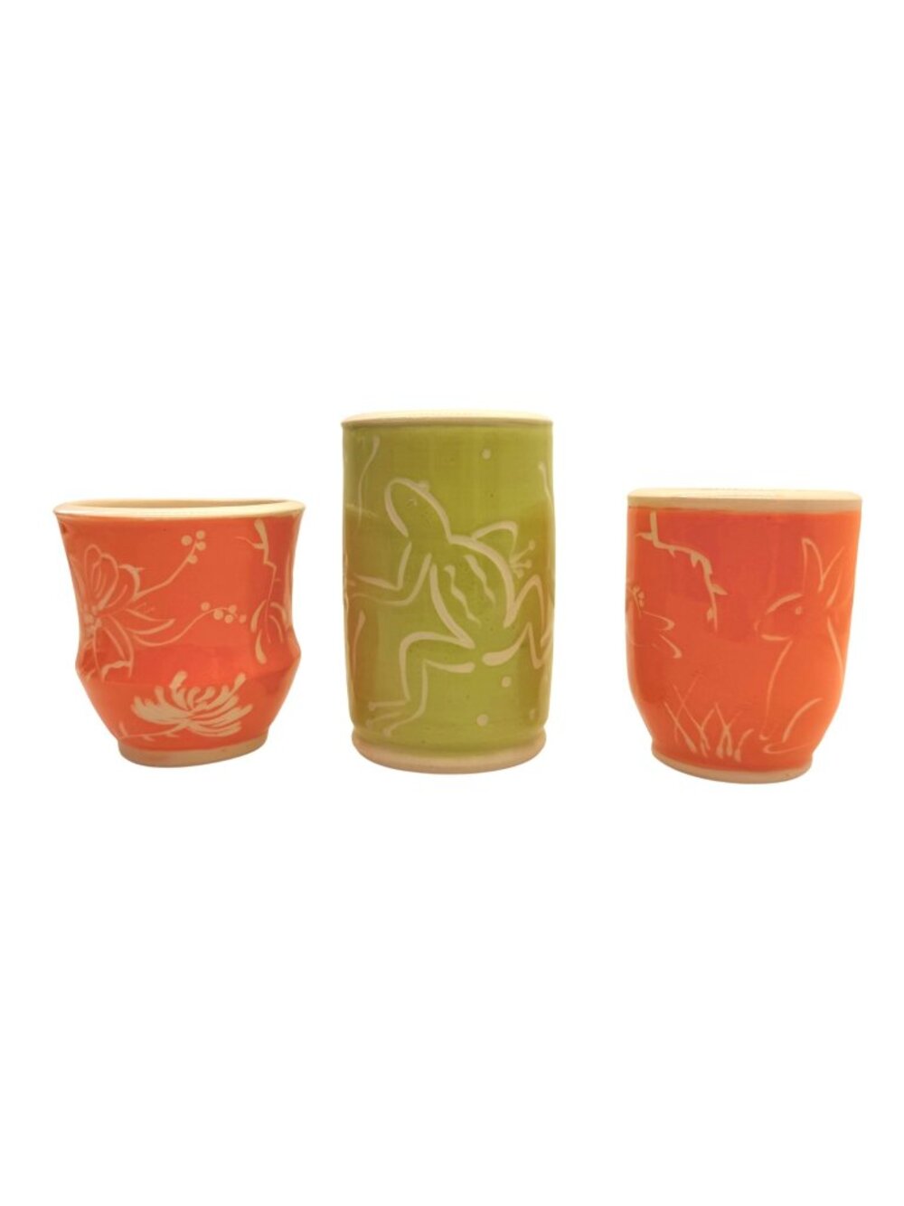 Studio Pottery Sgraffito Set 3 Vessel Frog Rabbit Botanical Wheel Thrown Marked